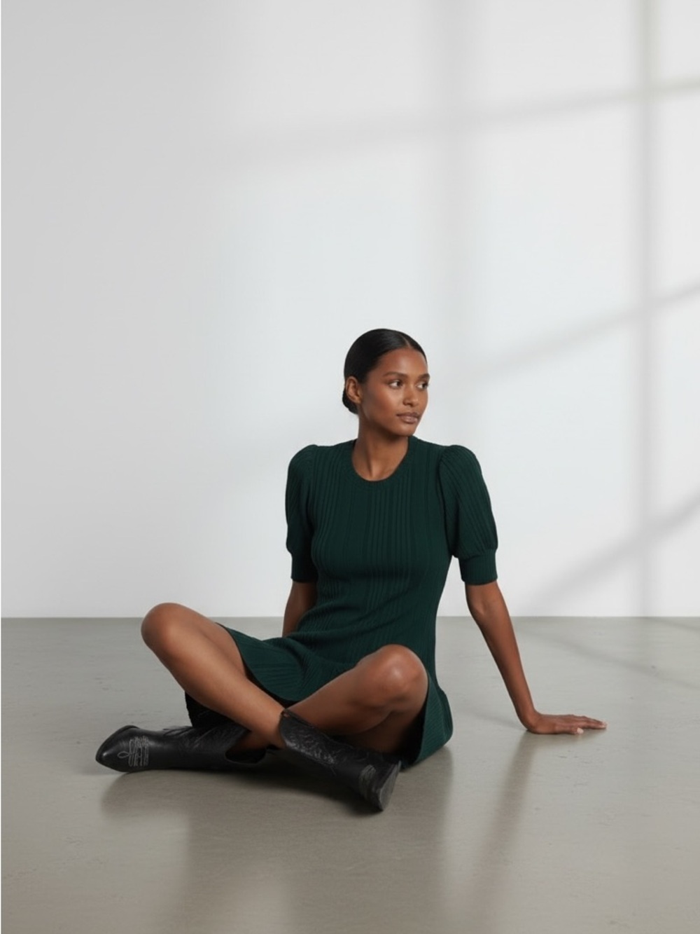 Women’s Dark Green Knit Puff-Sleeve Drop-Waist Dress - Picture 2 of 3
